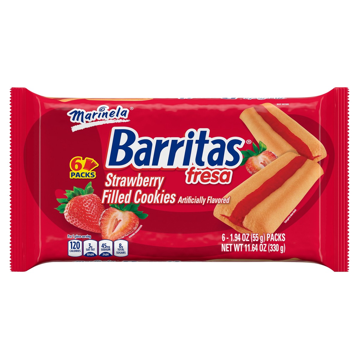 slide 9 of 11, Marinela Barritas Fresa Filled Cookies, 6 packs, Strawberry Cookie Bars, 11.64 oz Multipack, 6 ct