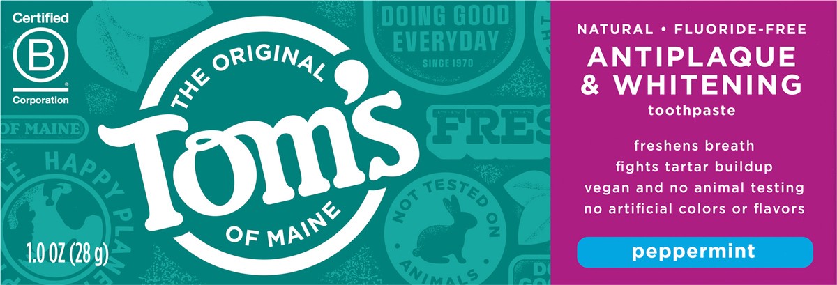 slide 6 of 11, Tom's Toms of Maine Fluoride-Free Antiplaque & Whitening Natural Toothpaste, Peppermint, Travel Size, 1 oz., 1 oz