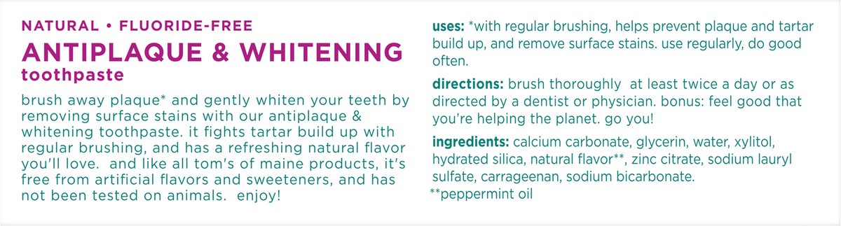 slide 11 of 11, Tom's Toms of Maine Fluoride-Free Antiplaque & Whitening Natural Toothpaste, Peppermint, Travel Size, 1 oz., 1 oz