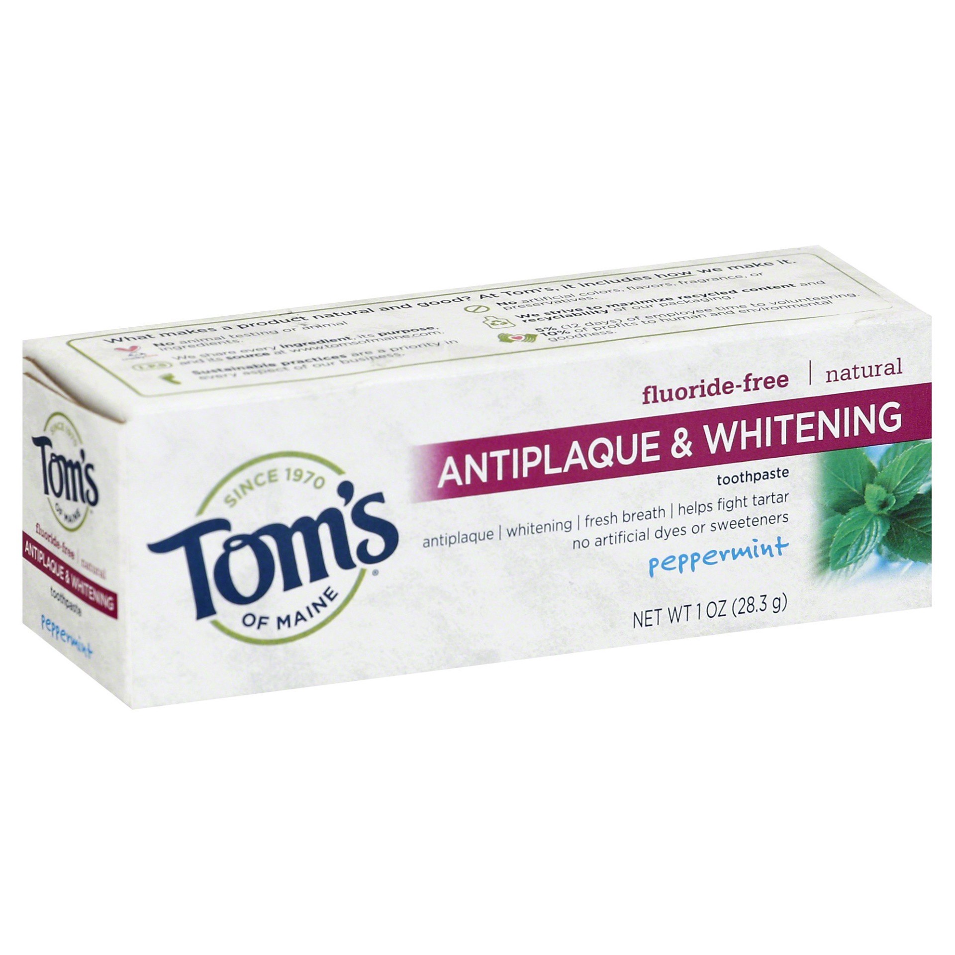 slide 1 of 11, Tom's Toms of Maine Fluoride-Free Antiplaque & Whitening Natural Toothpaste, Peppermint, Travel Size, 1 oz., 1 oz