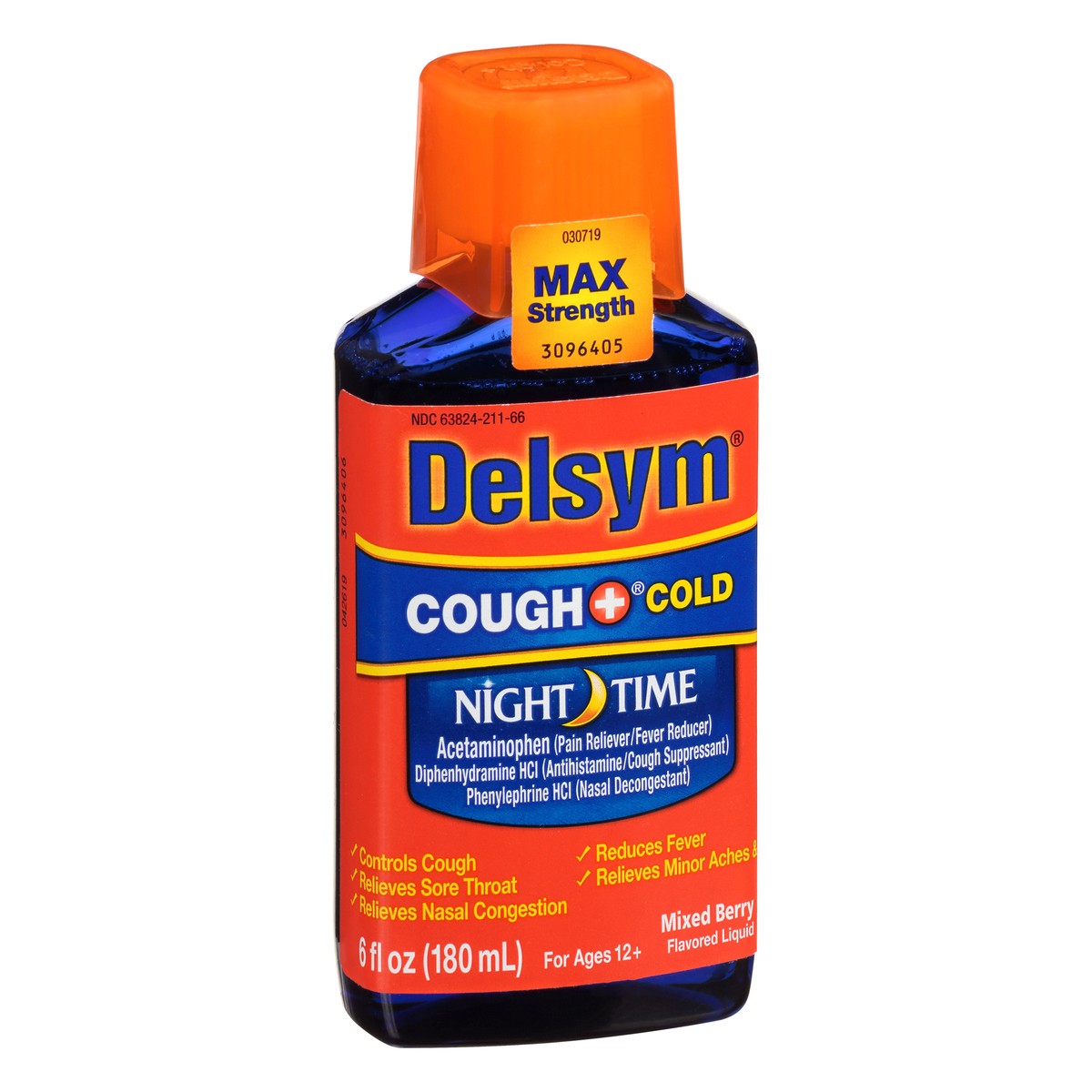 slide 5 of 9, Delsym Adult Night Time Cough and Cold Liquid, Mixed Berry Flavor, 6 Ounce, 6 oz