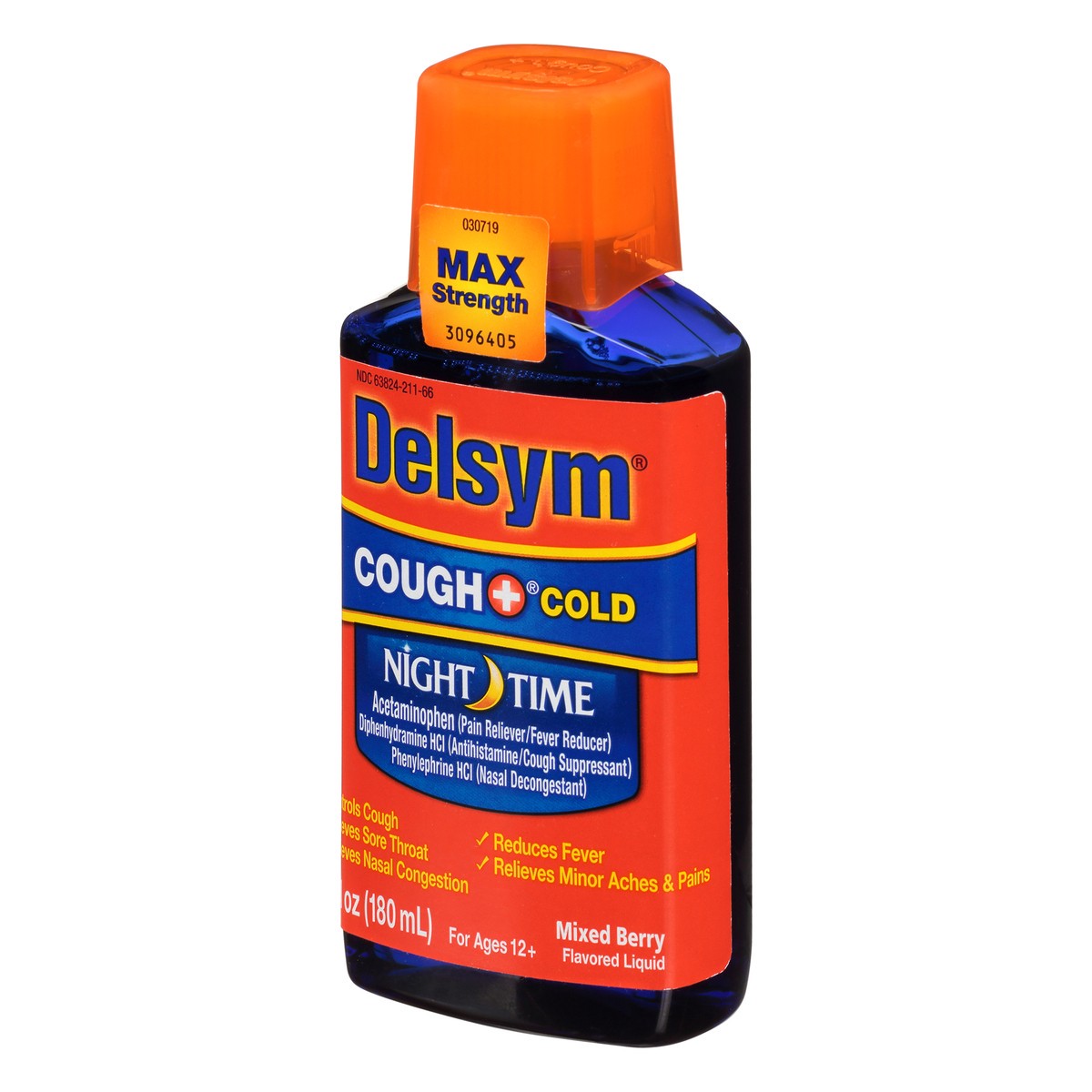 slide 9 of 9, Delsym Adult Night Time Cough and Cold Liquid, Mixed Berry Flavor, 6 Ounce, 6 oz