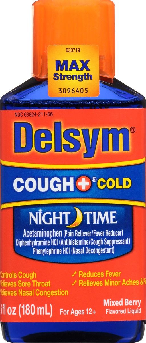 slide 2 of 9, Delsym Adult Night Time Cough and Cold Liquid, Mixed Berry Flavor, 6 Ounce, 6 oz