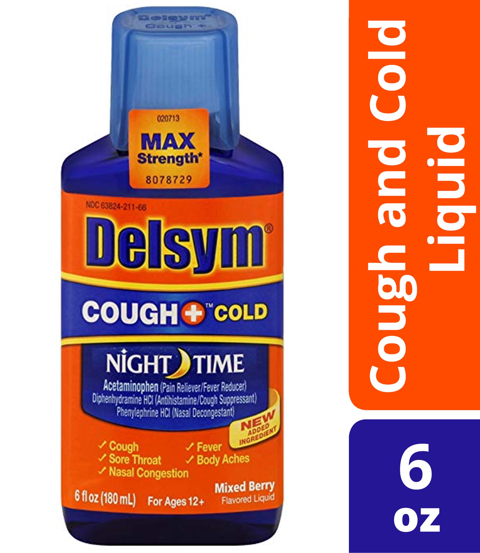 slide 1 of 9, Delsym Adult Night Time Cough and Cold Liquid, Mixed Berry Flavor, 6 Ounce, 6 oz