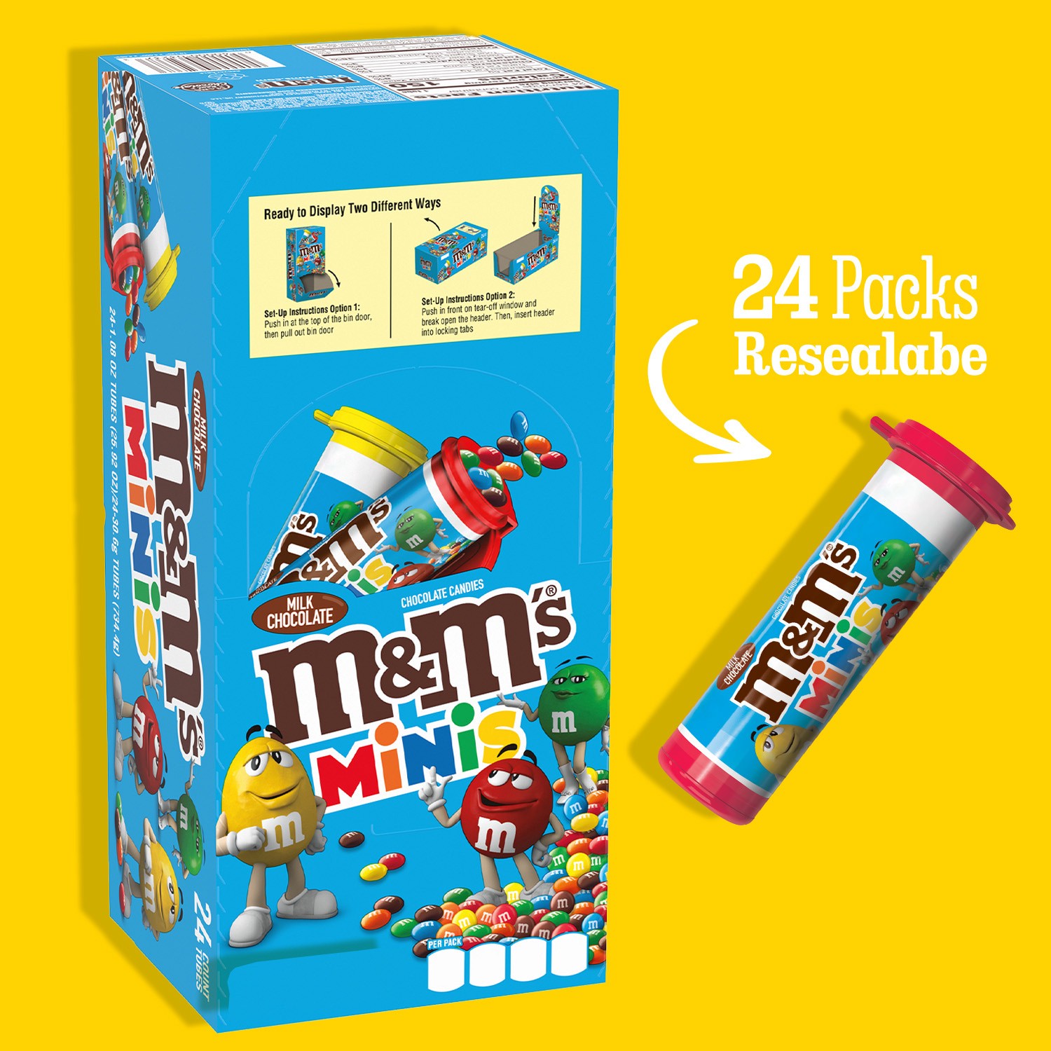 slide 4 of 8, M&M's Minis Milk Chocolate Candy, 1.08 Oz Tubes, 24Ct, 25.92 oz