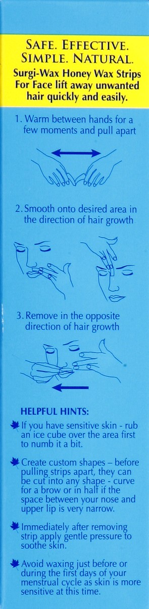 slide 3 of 6, Surgi Wax Strips, for Face, Upper Lip, Chin & Cheek, Assorted Honey, 14 gram