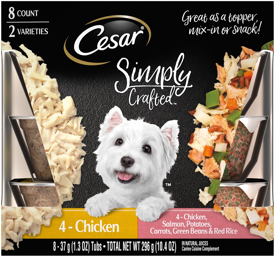 slide 1 of 1, CESAR Simply Crafted Adult Wet Dog Food Topper Variety Pack Chicken, and Chicken/Salmon, (8) Tubs, 1.3 oz