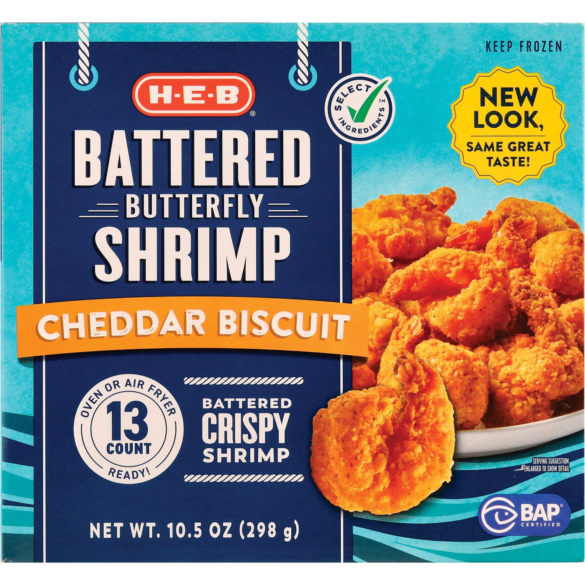 slide 1 of 1, H-E-B Jumbo Cheddar Biscuit Breaded Butterfly Shrimp, 10.5 oz