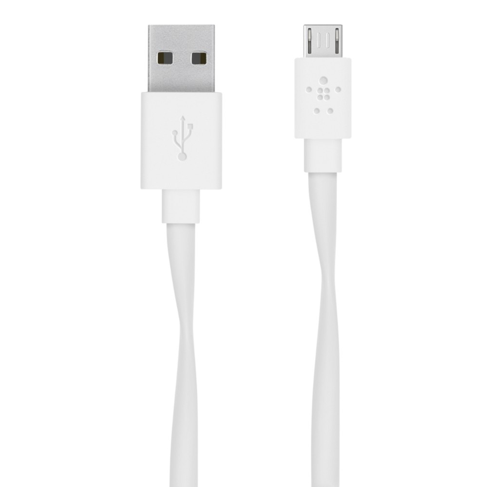 slide 1 of 2, Belkin Flat Micro-USB Cable, White, 6 ft