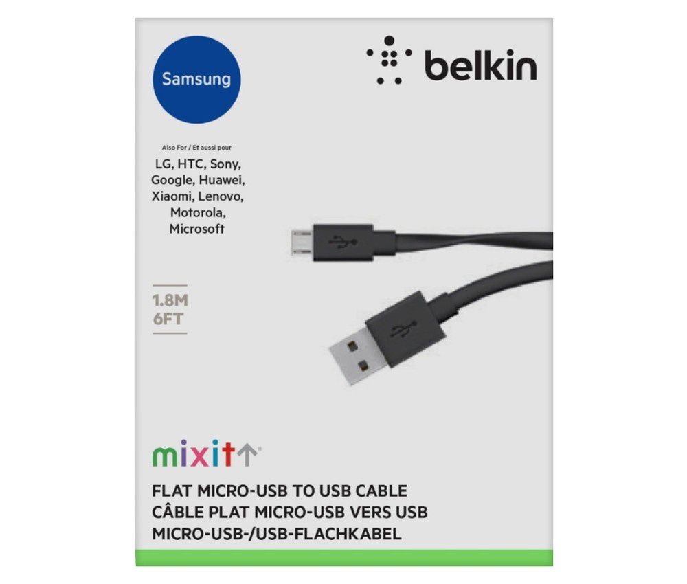 slide 3 of 3, Belkin Flat Micro-USB Cable, Black, 6 ft