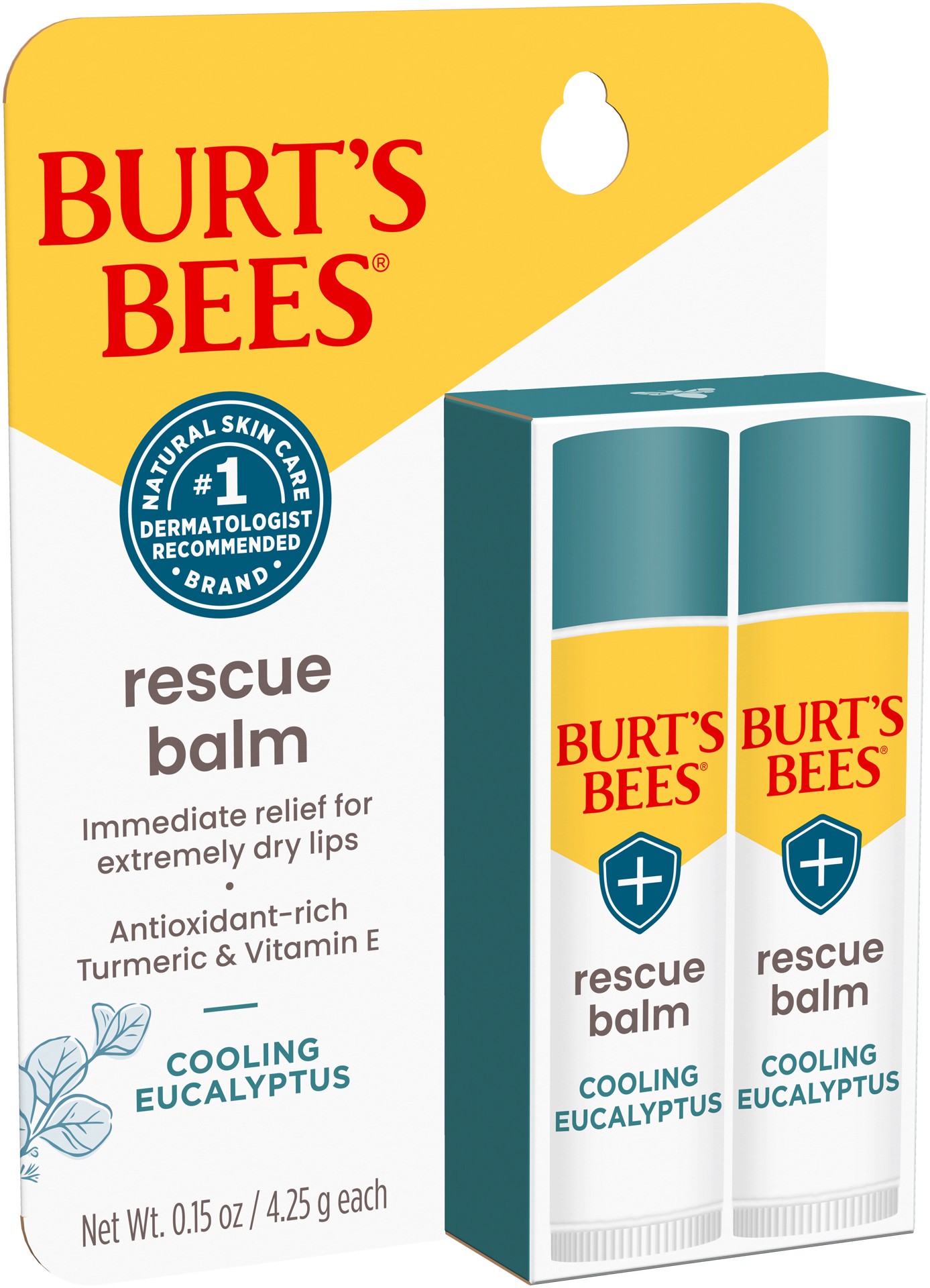 slide 5 of 5, Burt's Bees 100% Natural Origin Rescue Lip Balm With Beeswax and Antioxidant-Rich Turmeric Promotes Healing Of Extremely Dry Lips, Cooling Eucalyptus, 2 Tubes in Blister Box, 0.3 oz