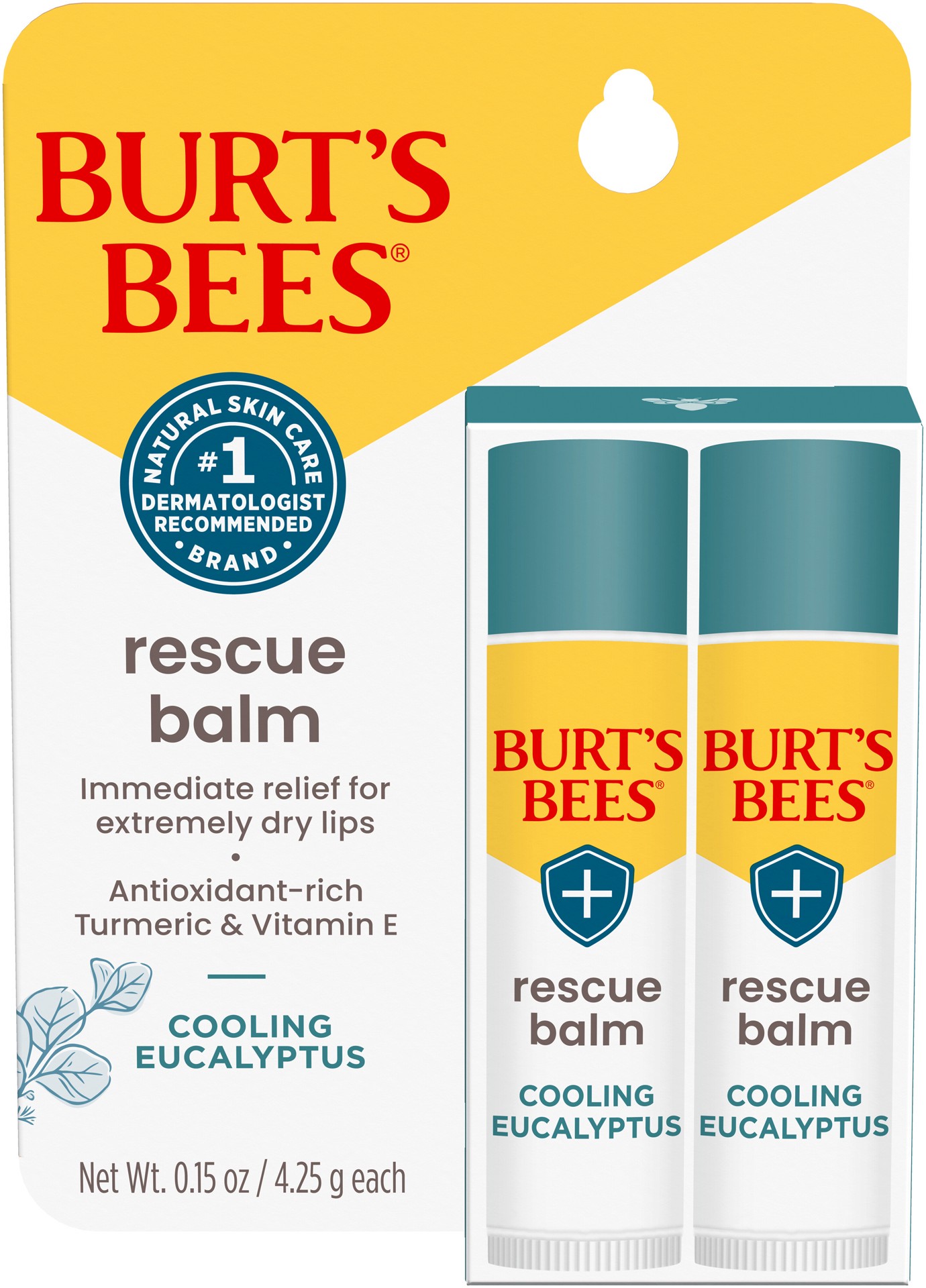 slide 1 of 5, Burt's Bees 100% Natural Origin Rescue Lip Balm With Beeswax and Antioxidant-Rich Turmeric Promotes Healing Of Extremely Dry Lips, Cooling Eucalyptus, 2 Tubes in Blister Box, 0.3 oz