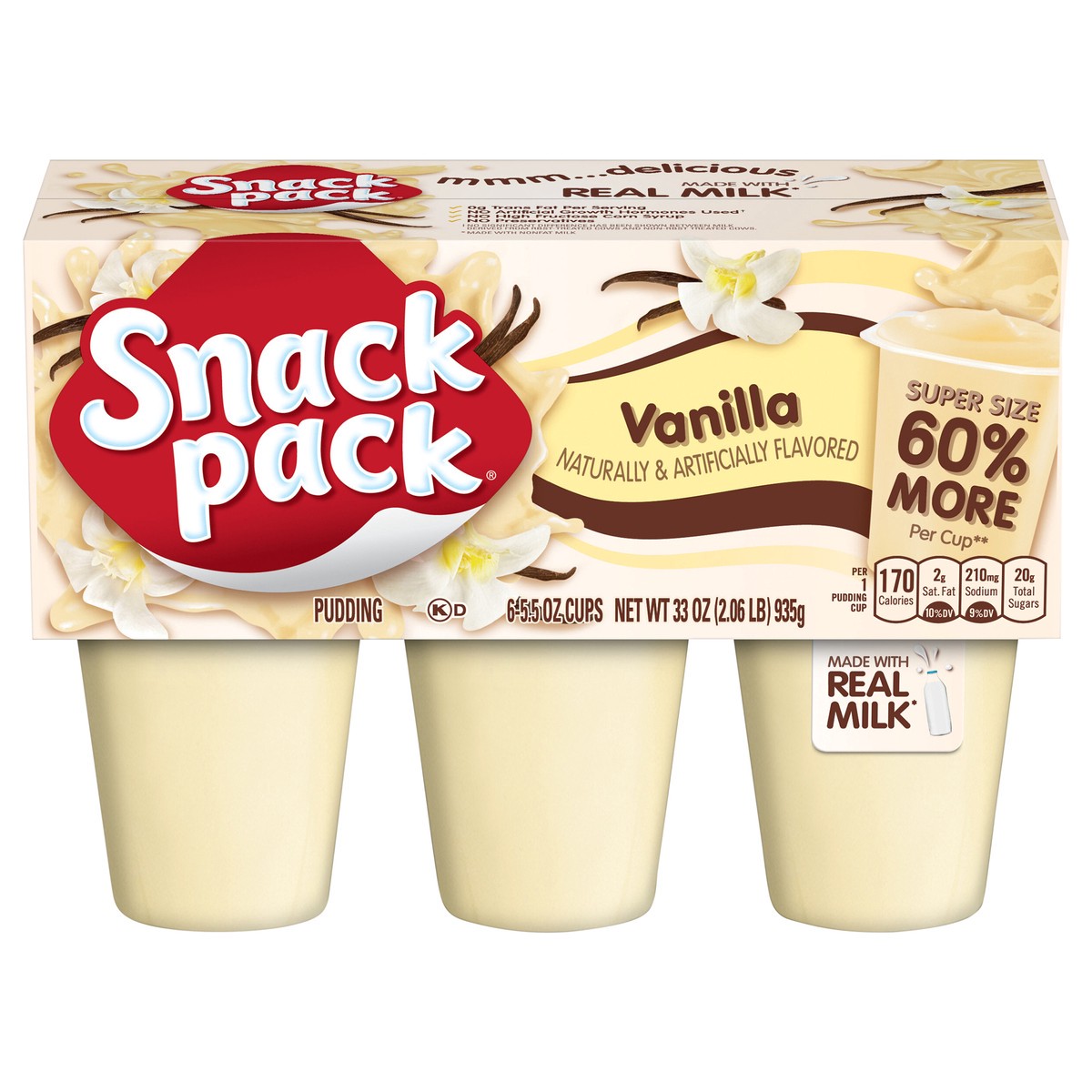 slide 1 of 1, Snack Pack Super Size Vanilla Pudding, 5.5 oz Pudding Cups, 6 Count, 6 ct