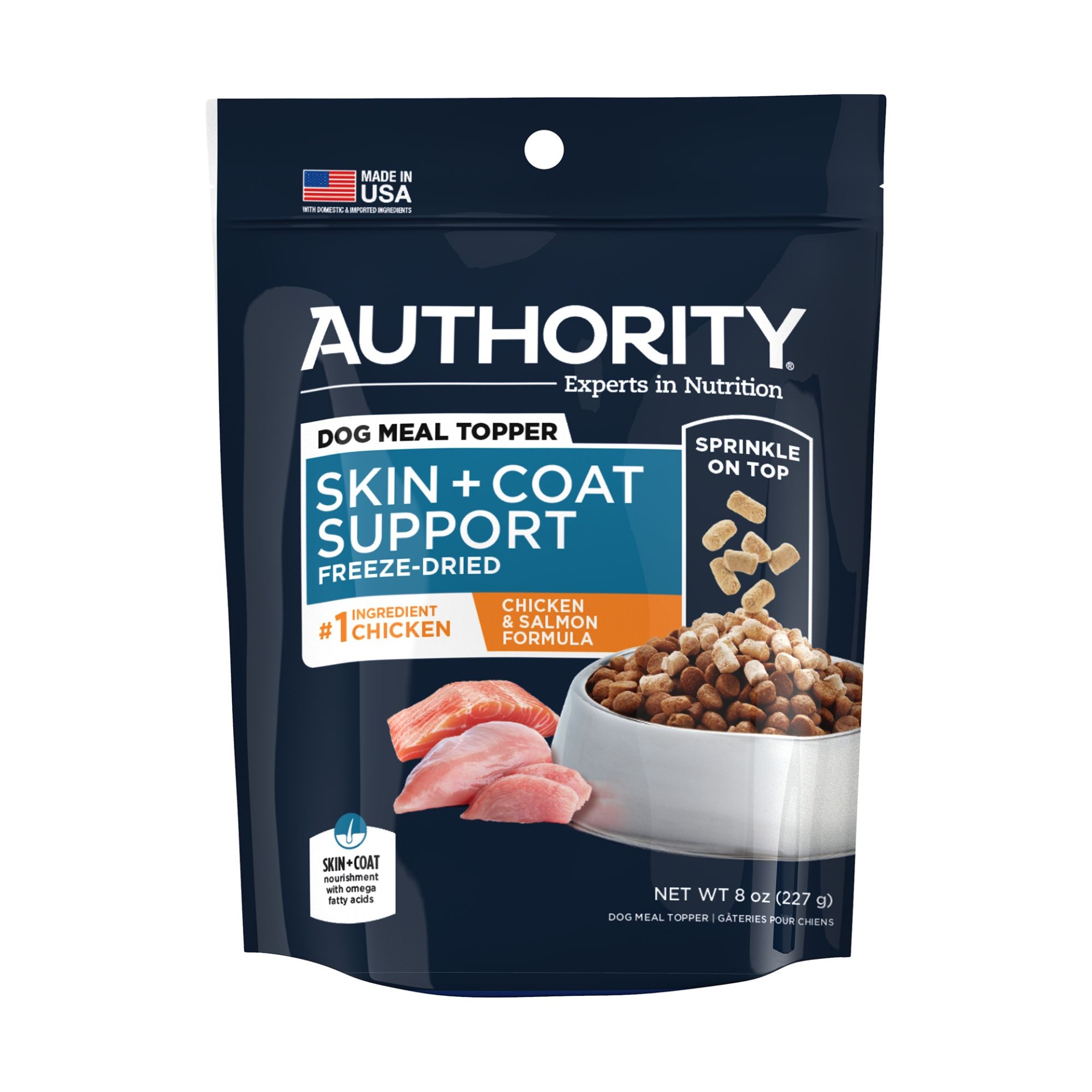 slide 1 of 1, Authority Skin & Coat Support Dog Food Topper - Freeze Dried, Chicken & Salmon, 8 oz
