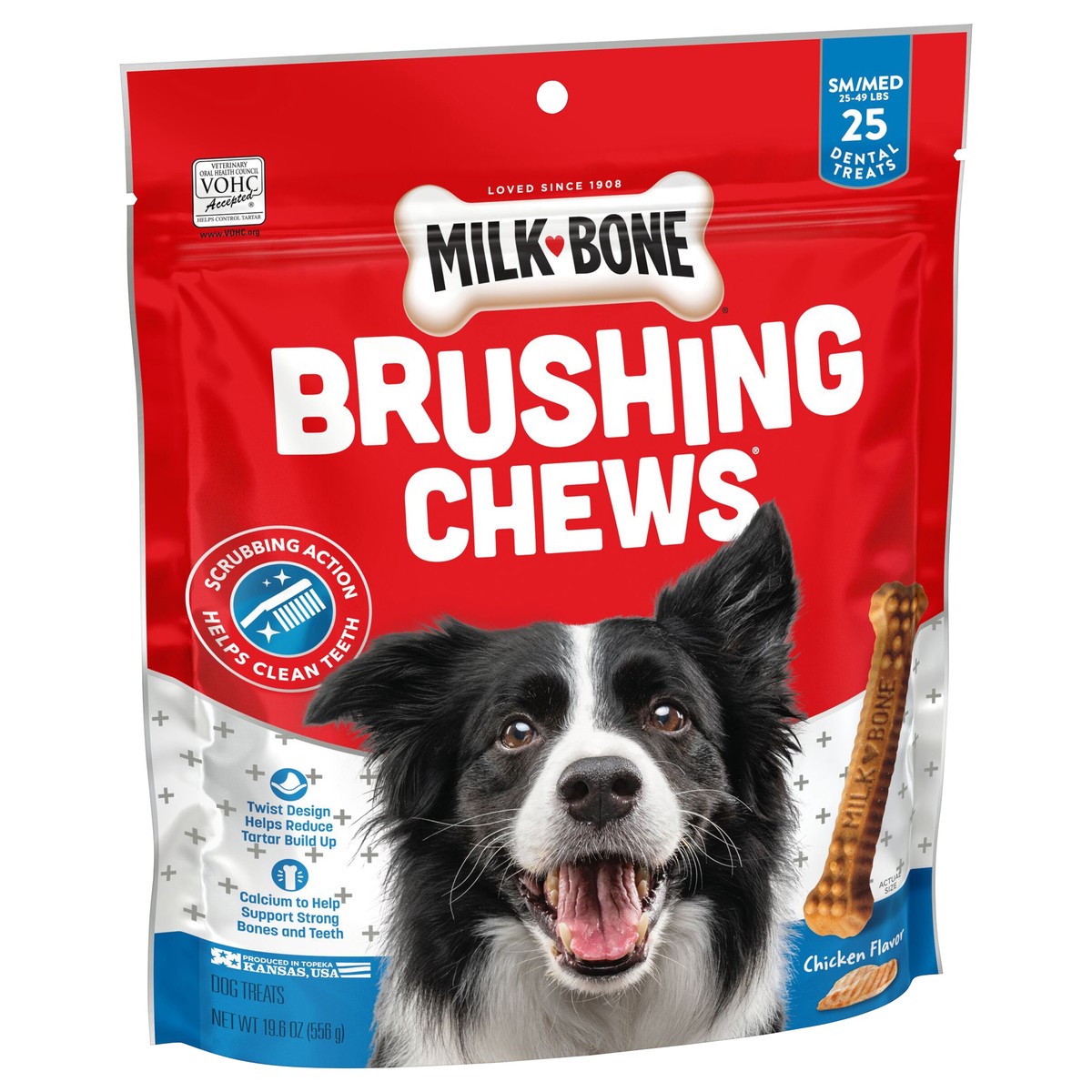 slide 3 of 8, Milk-Bone Brushing Chews Daily Dental Dog Treats, Small/Medium, 19.6 Oz. Bag, 25 Bones Per Bag, 19.6 oz