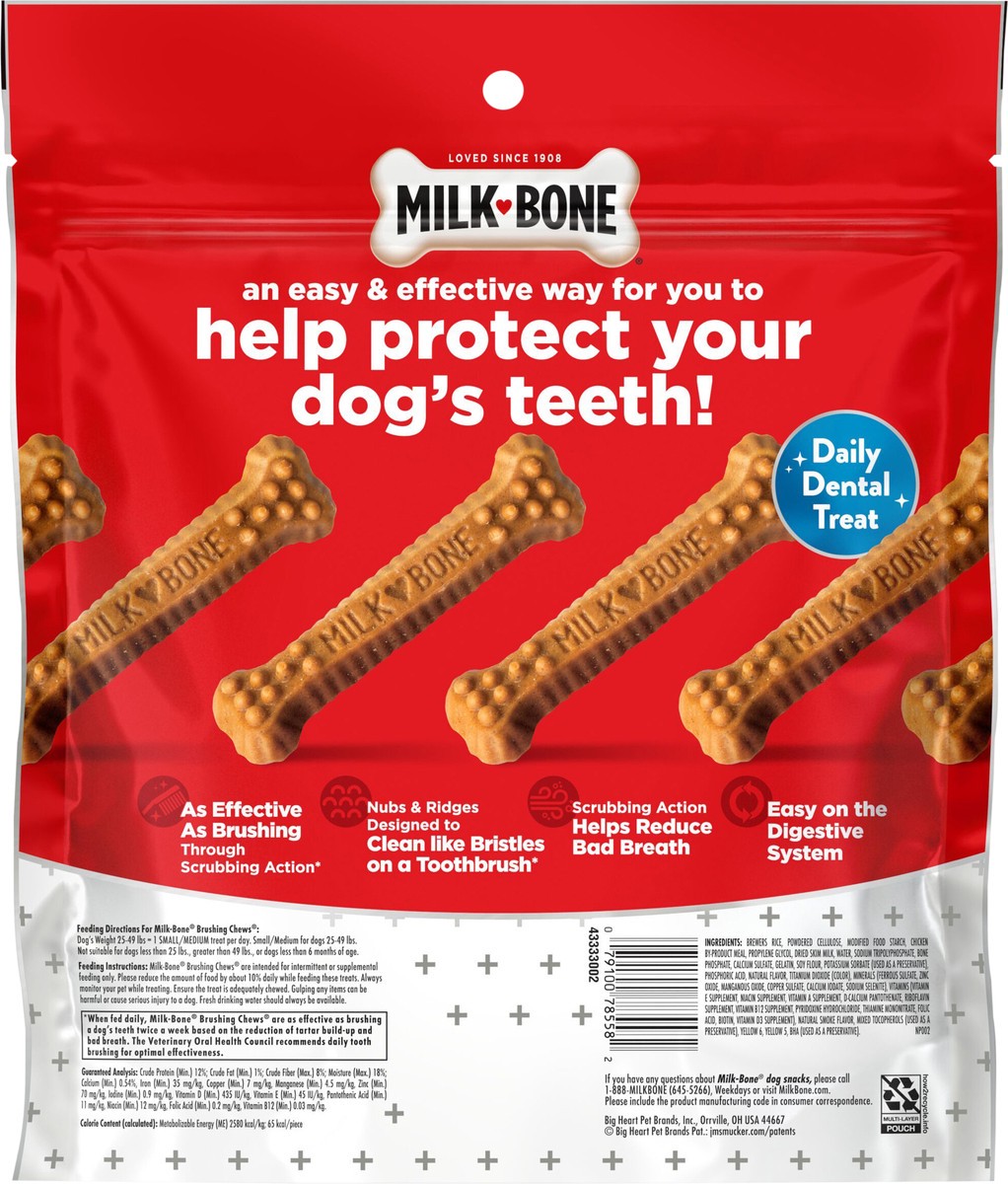 slide 8 of 8, Milk-Bone Brushing Chews Daily Dental Dog Treats, Small/Medium, 19.6 Oz. Bag, 25 Bones Per Bag, 19.6 oz