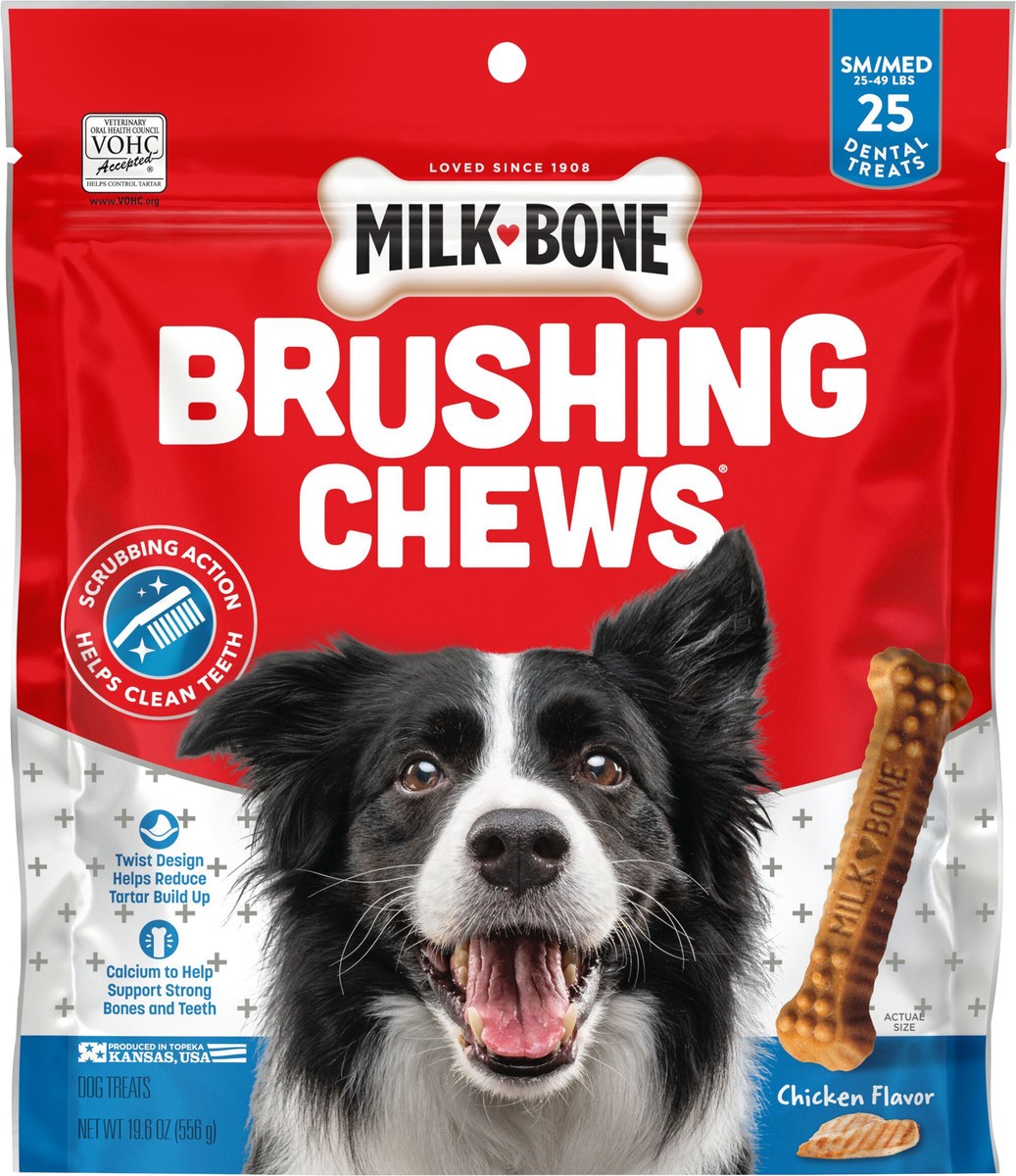 slide 6 of 8, Milk-Bone Brushing Chews Daily Dental Dog Treats, Small/Medium, 19.6 Oz. Bag, 25 Bones Per Bag, 19.6 oz