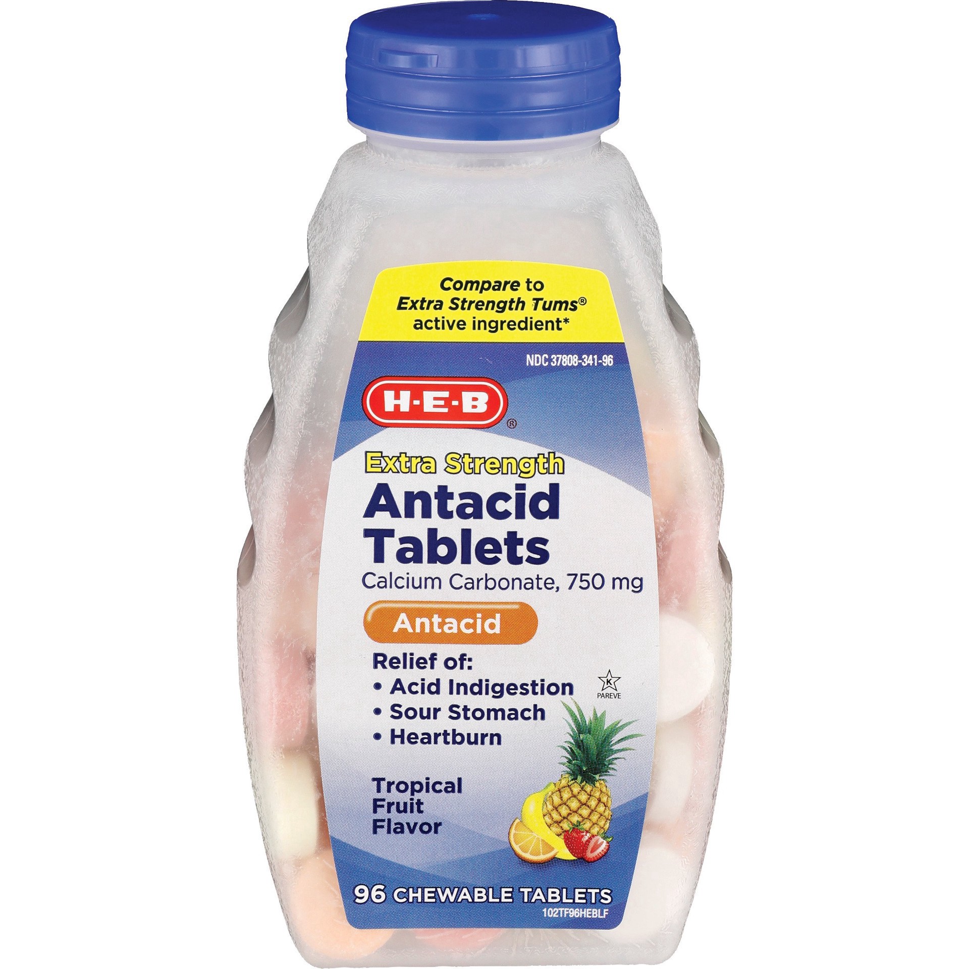 slide 1 of 1, H-E-B Extra Strength Antacid Assorted Tropical Fruit Chewable 750 mg Tablets, 96 ct