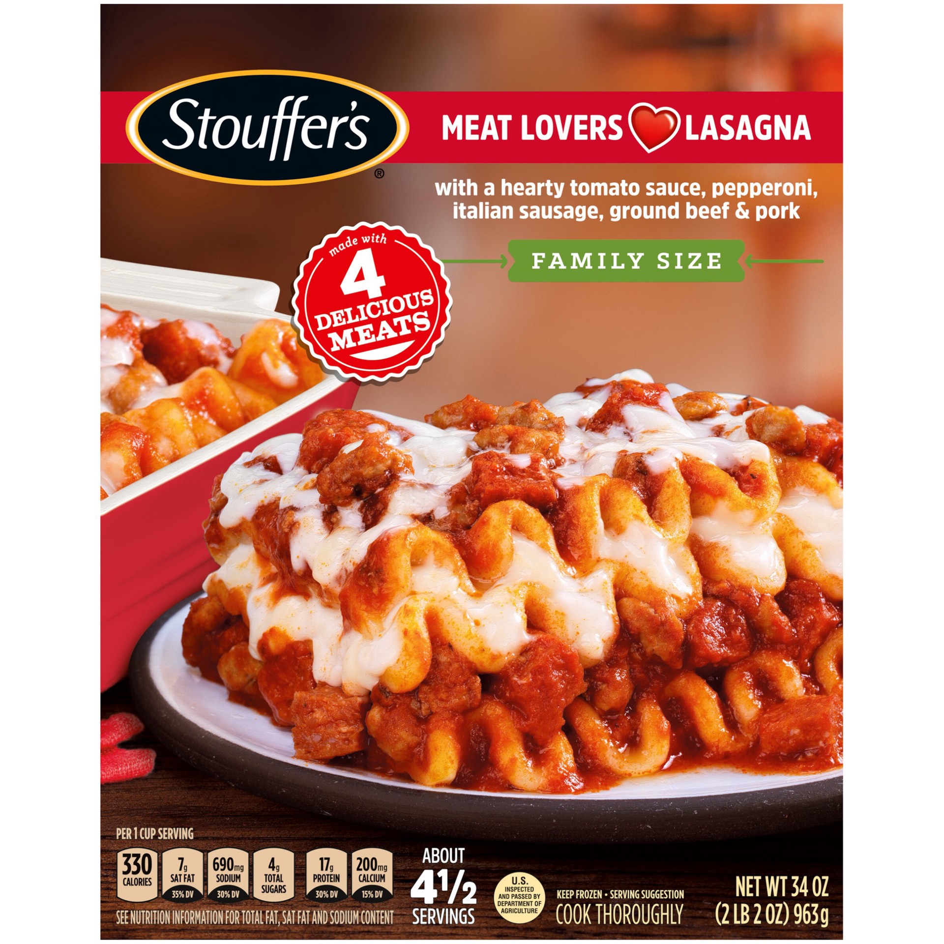 slide 12 of 17, Stouffer's Family Size Meat Lovers Lasagna Frozen Meal, 34 oz