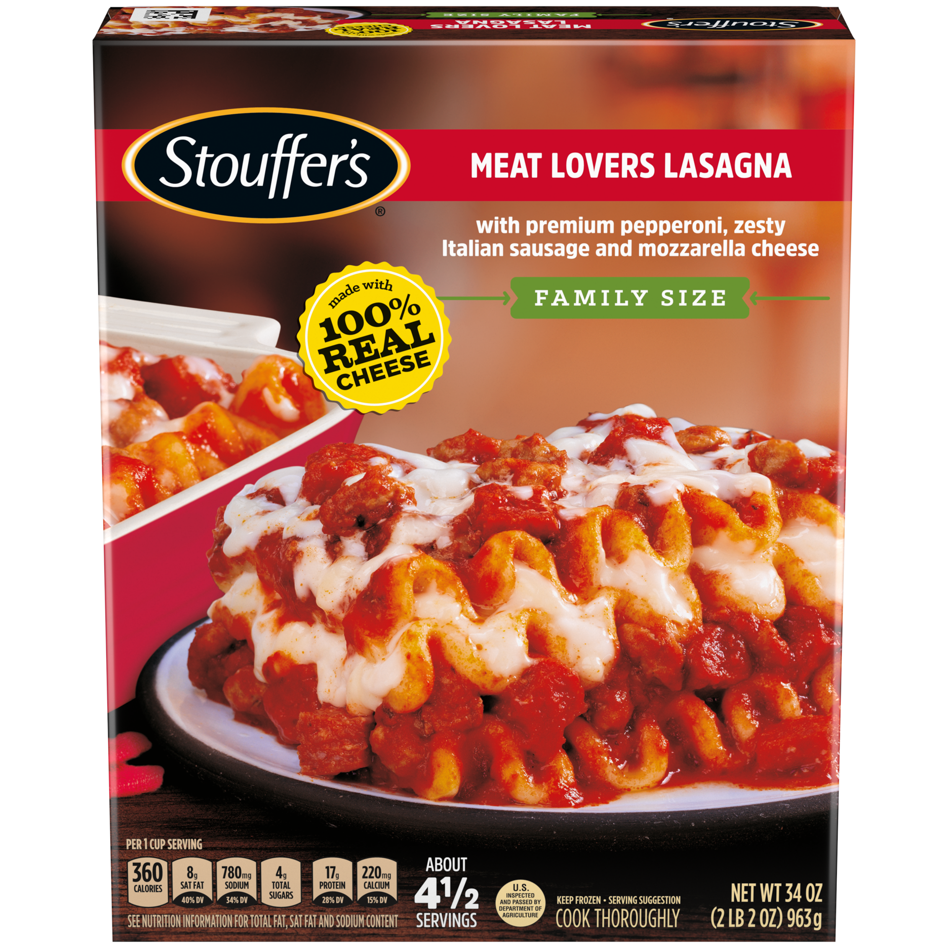 slide 1 of 17, Stouffer's Family Size Meat Lovers Lasagna Frozen Meal, 34 oz