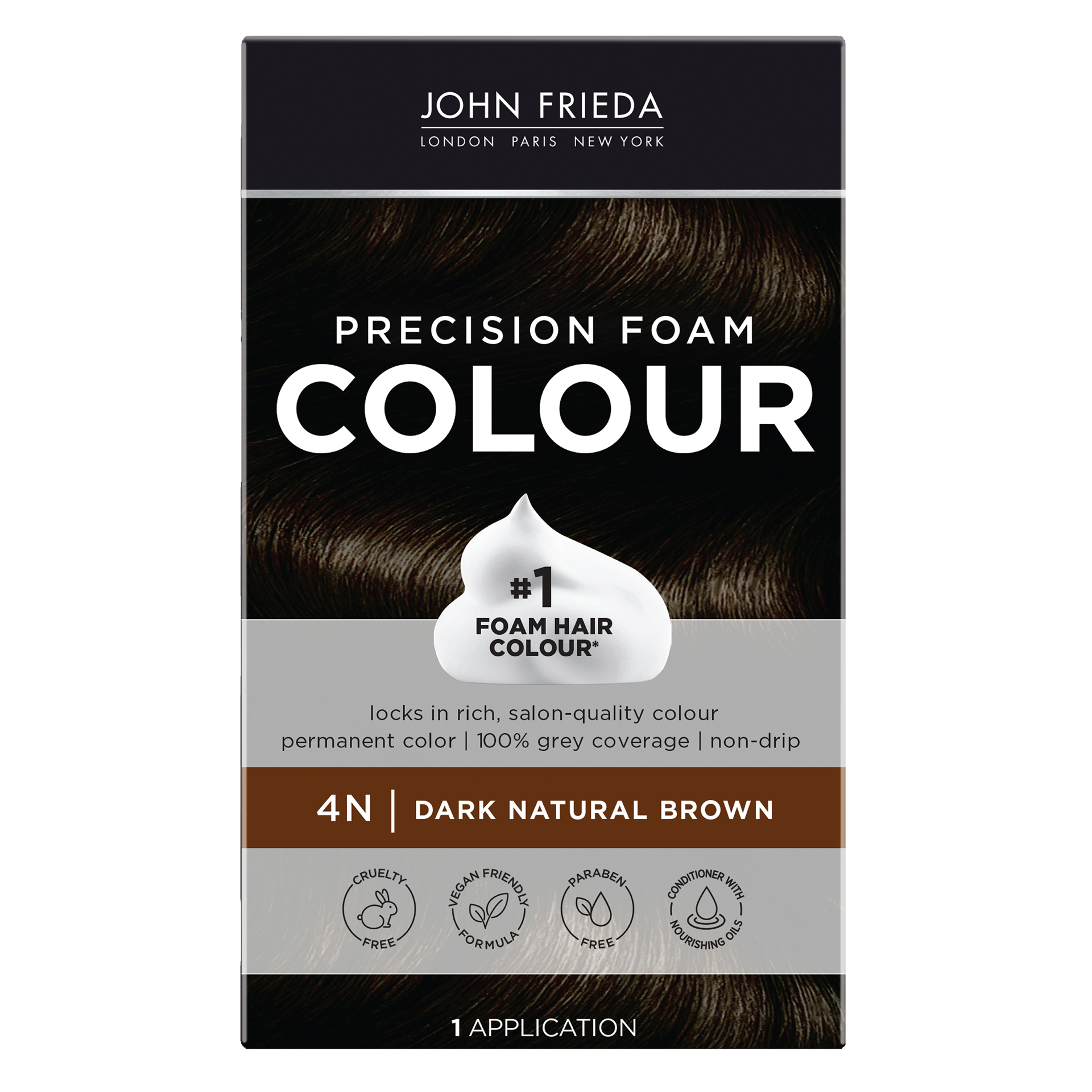 slide 1 of 13, John Frieda Brown Permanent Precision Hair color Foam Hair Color Kit, Brown Hair Dye, 4N Dark Natural Brown Hair Color, 1 Application, 1 ct