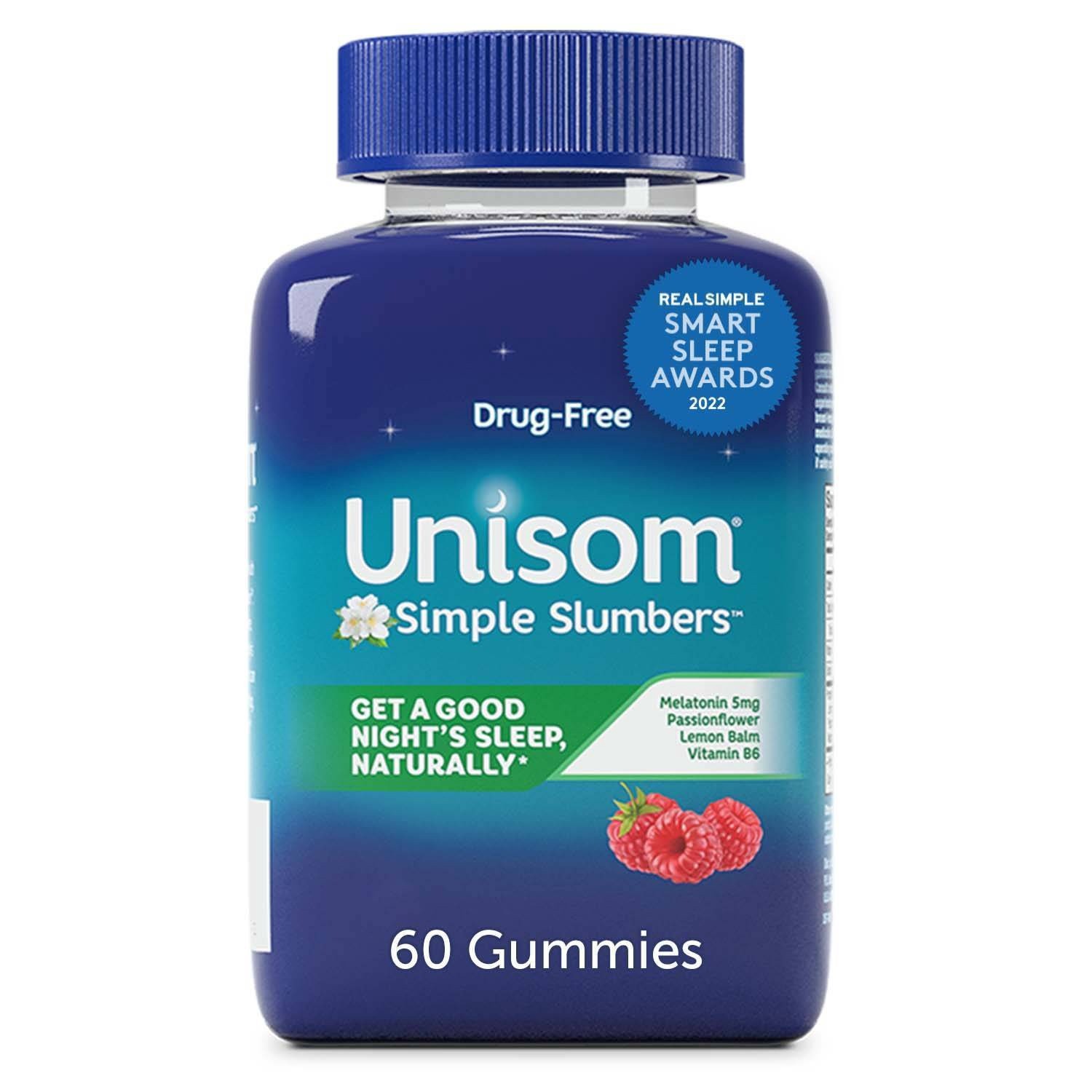 slide 1 of 6, Unisom Simple Slumbers Gummies 5 mg Drug-Free Midnight Raspberry Melatonin 60 ea, 60 ct