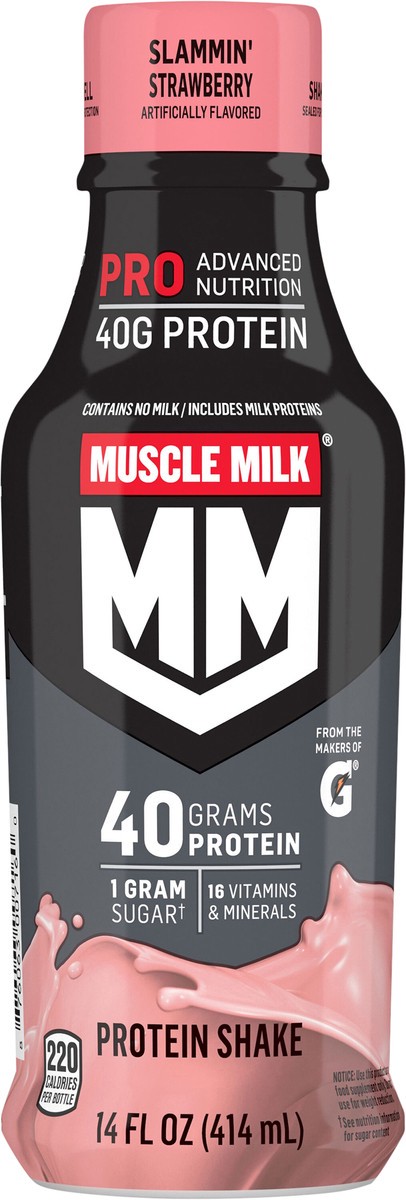 slide 4 of 6, Muscle Milk Non-Dairy Protein Shake Slammin' Strawberry Artificially Flavored 14 Fl Oz Bottle, 14 fl oz