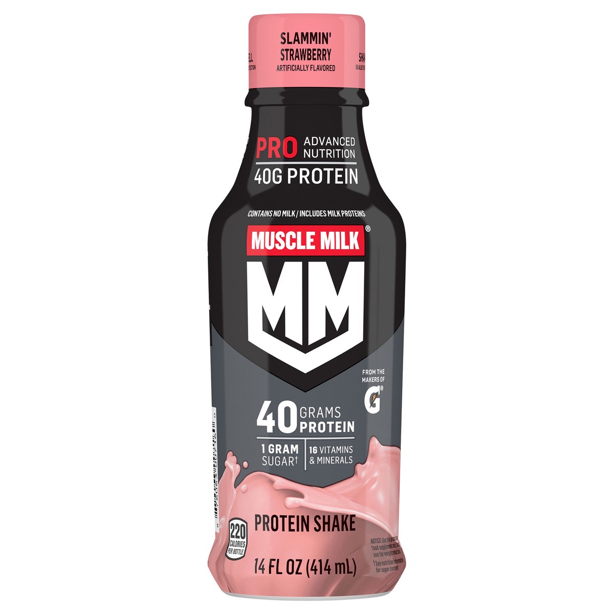 slide 1 of 6, Muscle Milk Non-Dairy Protein Shake Slammin' Strawberry Artificially Flavored 14 Fl Oz Bottle, 14 fl oz