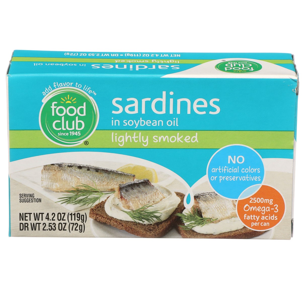 slide 1 of 9, Food Club Lightly Smoked Sardines In Soybean Oil, 4.2 oz