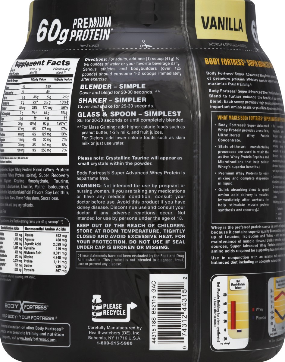 slide 3 of 3, Body Fortress Super Advanced Whey Protein Powder, Vanilla, 2 lb