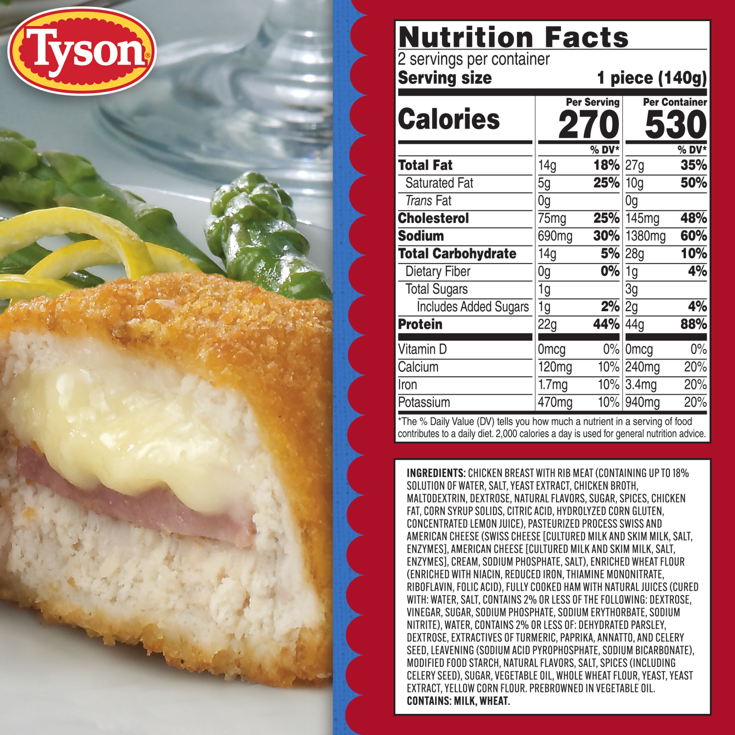 slide 5 of 8, Tyson Frozen Stuffed Chicken Breasts Cordon Bleu, 2 Count, 2 ct