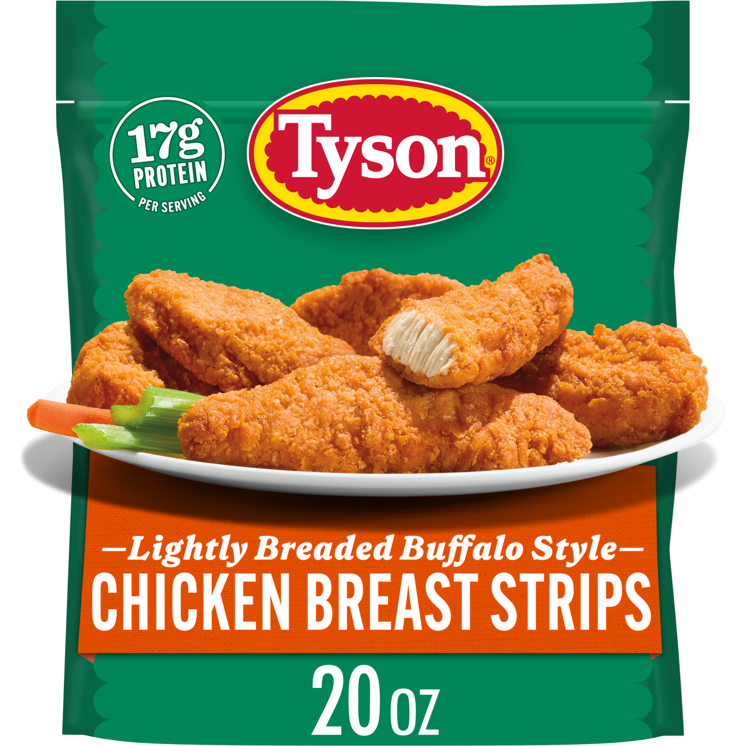 slide 1 of 7, Tyson Lightly Breaded Buffalo Style Chicken Breast Strips, Fully Cooked, 20 oz
