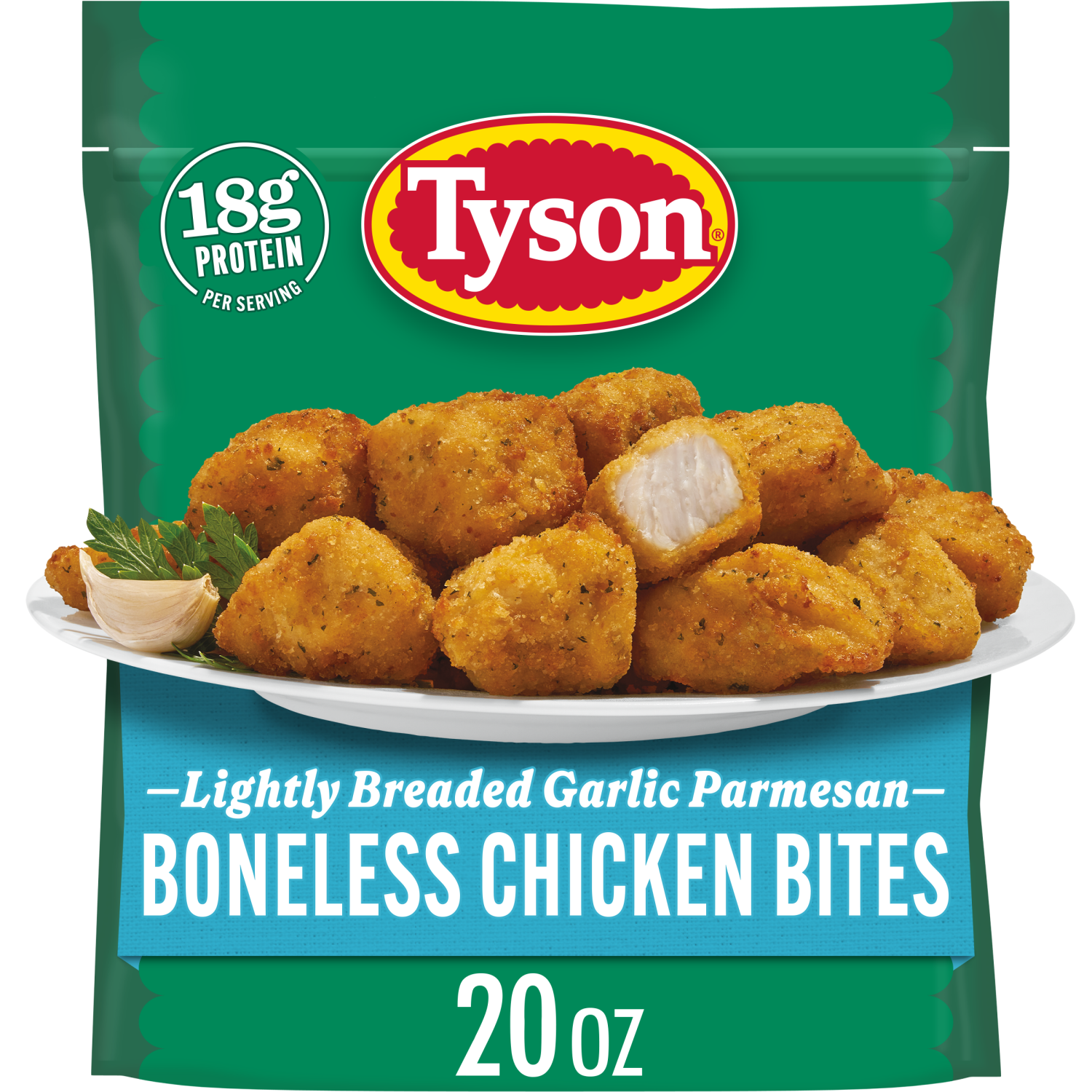 slide 1 of 7, Tyson Lightly Breaded Garlic Parmesan Boneless Chicken Bites, Fully Cooked, 20 oz