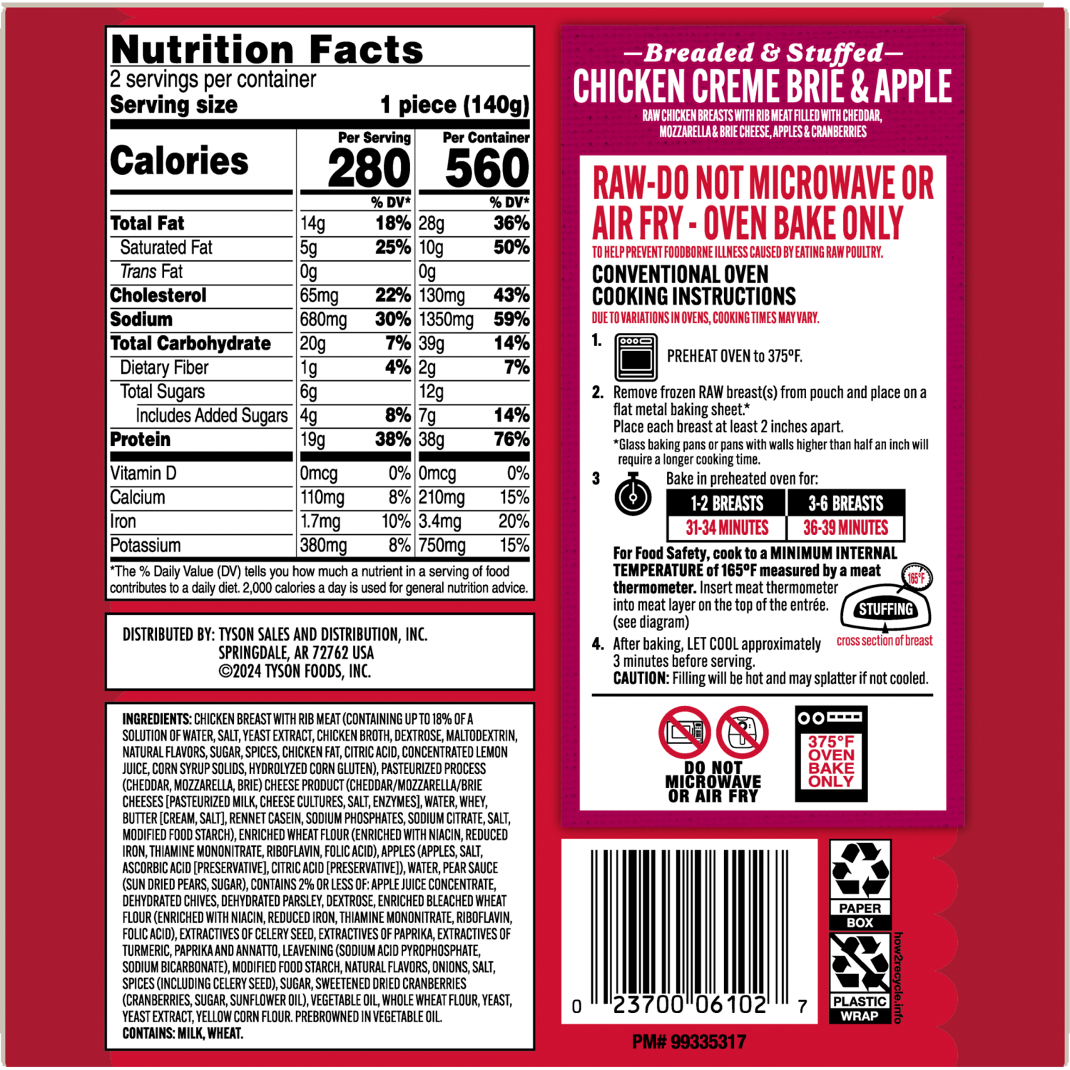 slide 2 of 8, Tyson Frozen Stuffed Chicken Breasts Creme Brie Apple, 2 Count, 2 ct