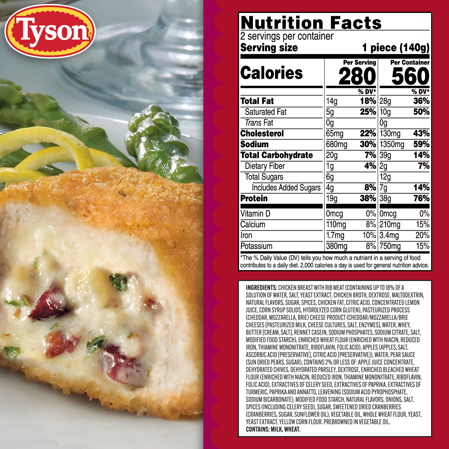 slide 5 of 8, Tyson Frozen Stuffed Chicken Breasts Creme Brie Apple, 2 Count, 2 ct