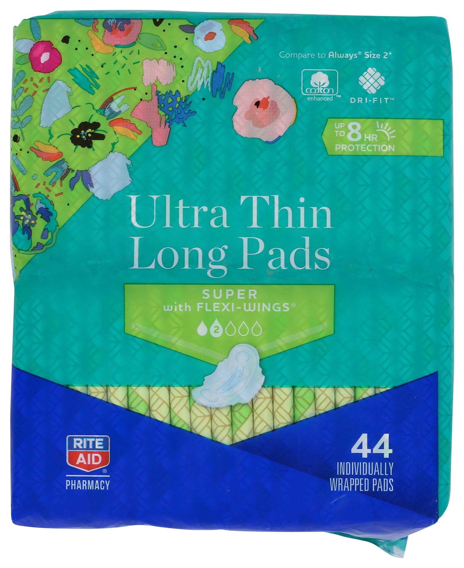 slide 1 of 1, Rite Aid Ultra Thin Long Pads, Super, Flexi-Wings, 44 ct