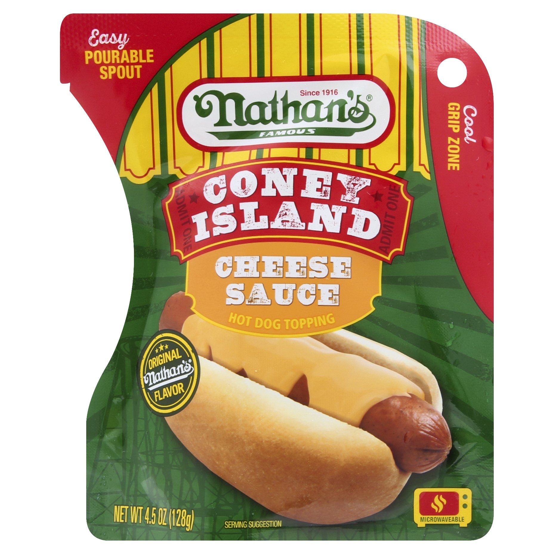slide 1 of 1, Nathan's Famous Cheese Sause Hot Dog Toppings, 4.5 oz