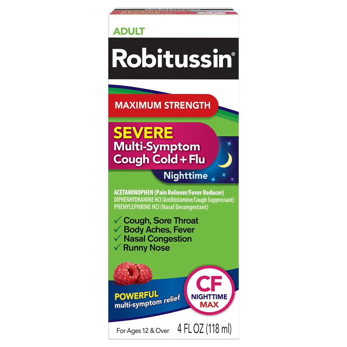 slide 1 of 6, Robitussin Maximum Strength Severe Nighttime Multi-Symptom Cough, Cold and Flu Medicine, Nighttime CF Max, Raspberry Flavor  - 4 Fl Oz Bottle , 4 fl oz