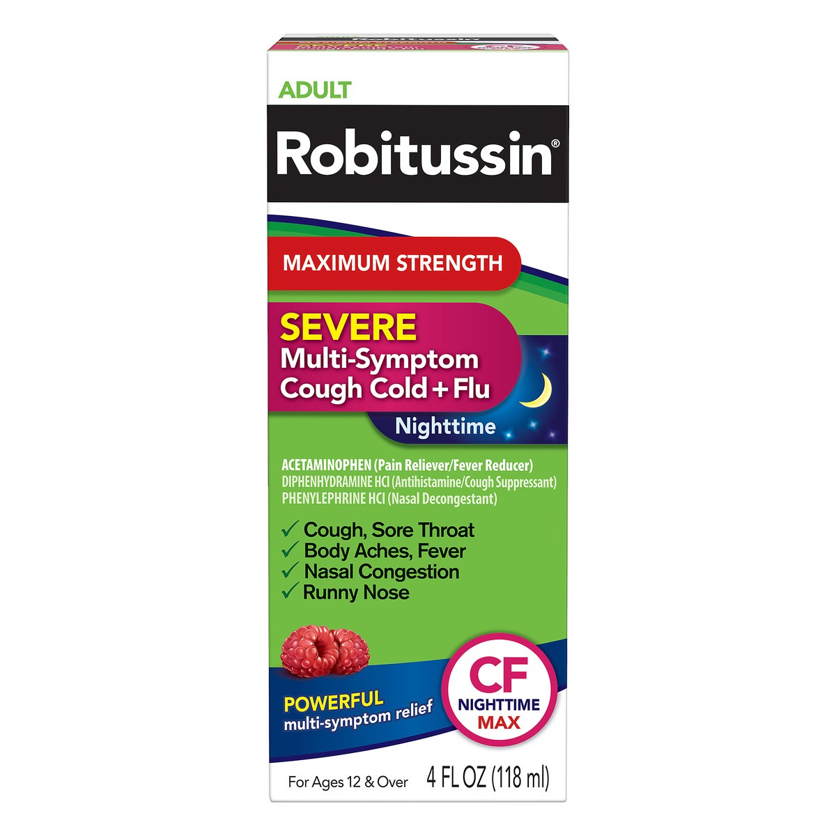slide 1 of 6, Robitussin Maximum Strength Severe Nighttime Multi-Symptom Cough, Cold and Flu Medicine, Nighttime CF Max, Raspberry Flavor  - 4 Fl Oz Bottle, 4 fl oz