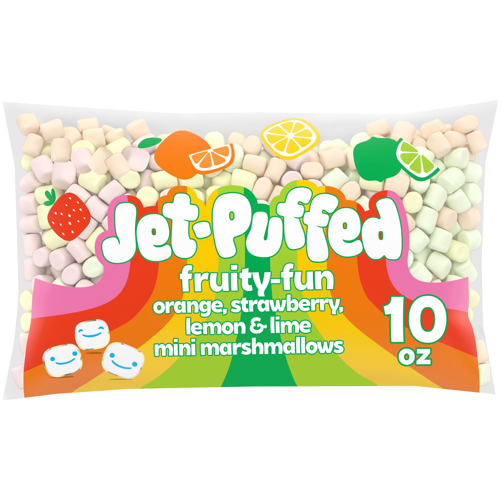 slide 1 of 14, Jet-Puffed Fruity-Fun Orange, Strawberry, Lemon & Lime Mini Marshmallows, 10 oz Bag, 10 oz