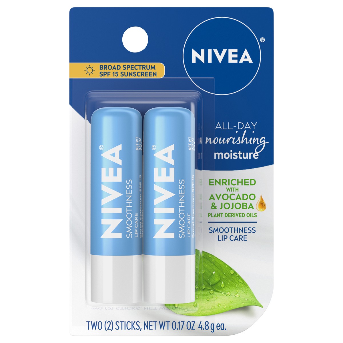 slide 1 of 9, Nivea Smoothness Lip Care SPF 15, Lip Balm SPF Stick, 0.17 oz Stick, Pack of 2, 0.34 oz