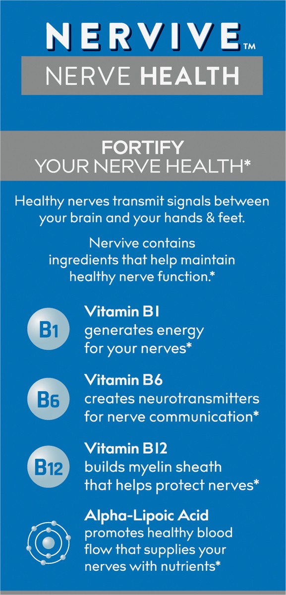 slide 3 of 7, Nervive Nerve Health, for Nerve Support and Healthy Nerve Function in Fingers, Hands, Toes, & Feet*, Alpha Lipoic Acid ALA, Vitamins B1, B6, & B12, 30 Daily Tablets, 30-day Supply, 30 ct