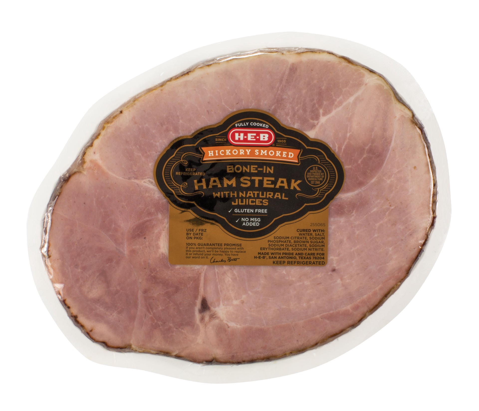 slide 1 of 1, H-E-B Fully Cooked Bone-in Hickory Smoked Ham Steak, per lb