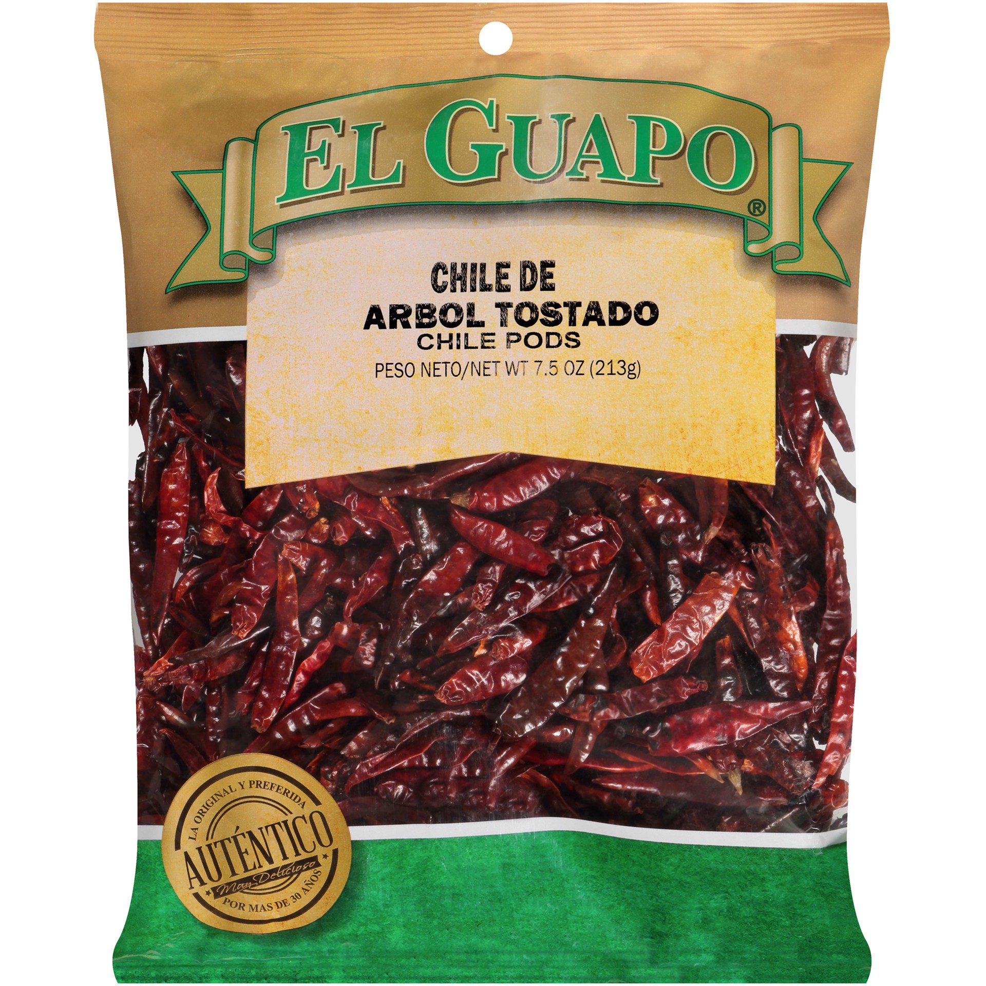 slide 1 of 7, El Guapo Premium Toasted Arbol Chili Pods (Chile de Arbol Entero Tostado), 7.5 oz, 7.5 oz