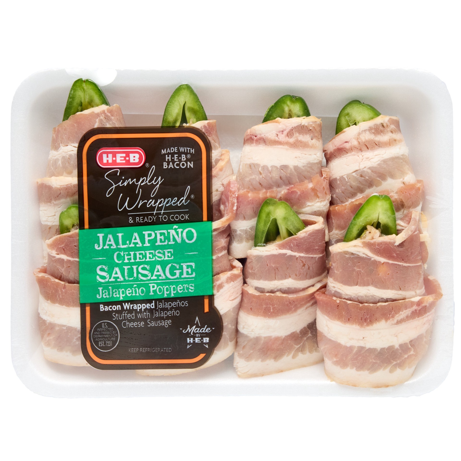 slide 1 of 1, H-E-B Simply Wrapped Jalapeño Cheese Sausage Jalapeño Poppers, per lb