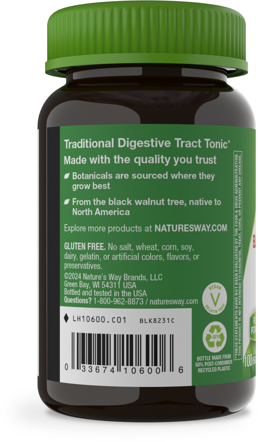slide 4 of 4, Nature's Way Black Walnut Hulls, Traditional Digestive Tract Tonic*, 900 mg per 2-Capsule Serving, Non-GMO Project Verified, Vegan, 100 Capsules, 100 ct