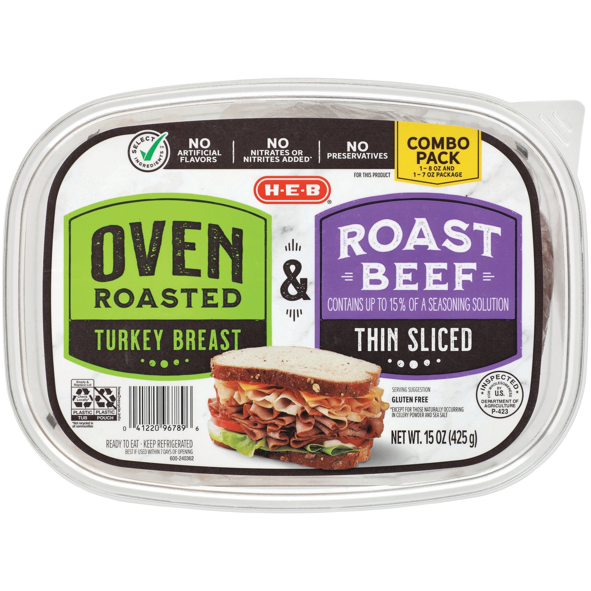 slide 1 of 1, H-E-B Select Ingredients Oven Roasted Turkey Breast With Roast Beef, 15 oz