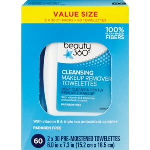 slide 1 of 1, Beauty 360 Cleansing And Makeup Remover Towelettes, 60 ct