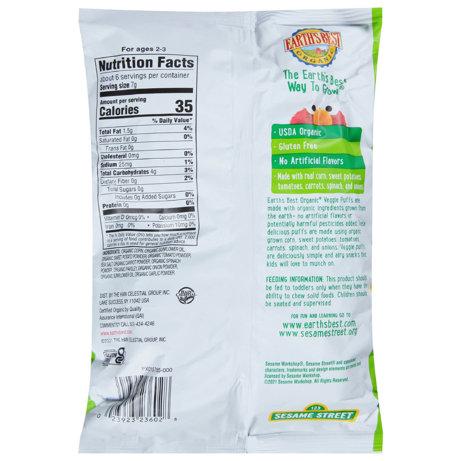 slide 2 of 2, Earth's Best 123 Sesame Street Original Organic Veggie Puffs 1.55 oz. Bag, 1.55 oz