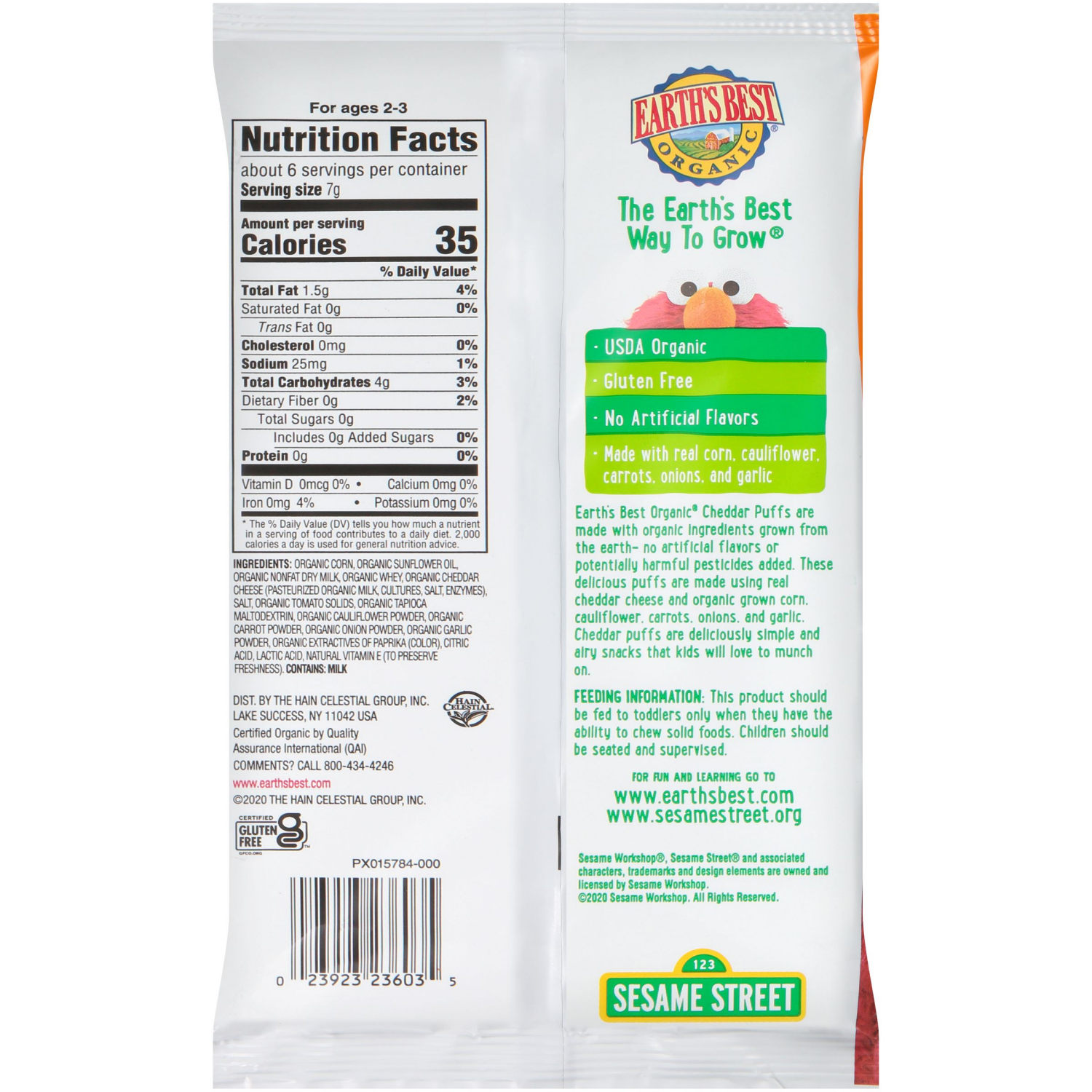slide 2 of 2, Earth's Best 123 Sesame Street Cheddar Organic Veggie Puffs 1.55 oz. Bag, 1.55 oz